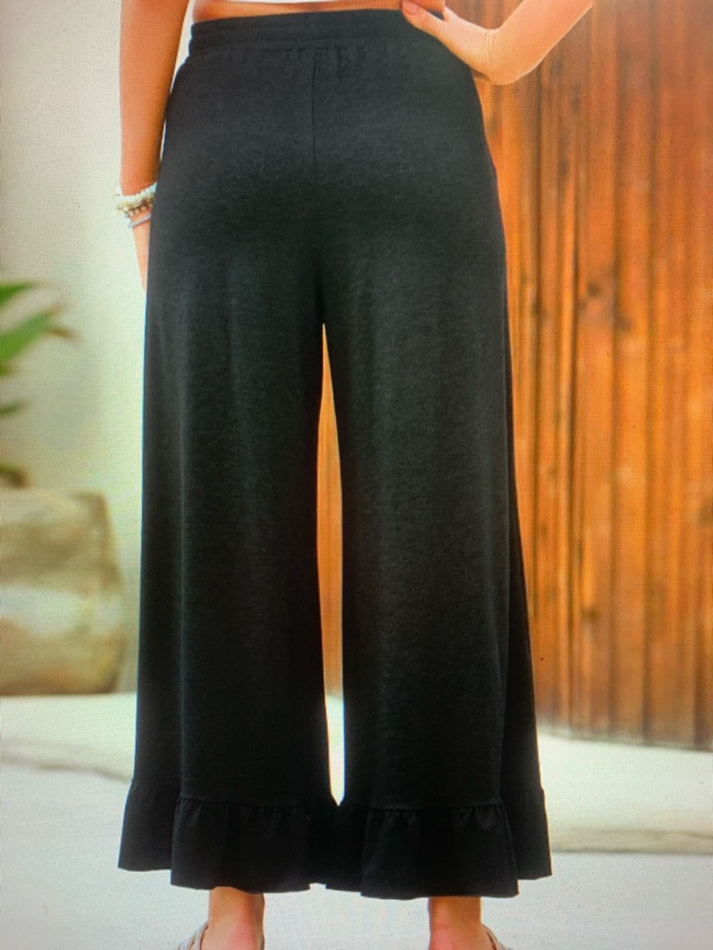 Wide Leg Ruffle Hem Pull-On Pants - Black - Picture 4 of 4